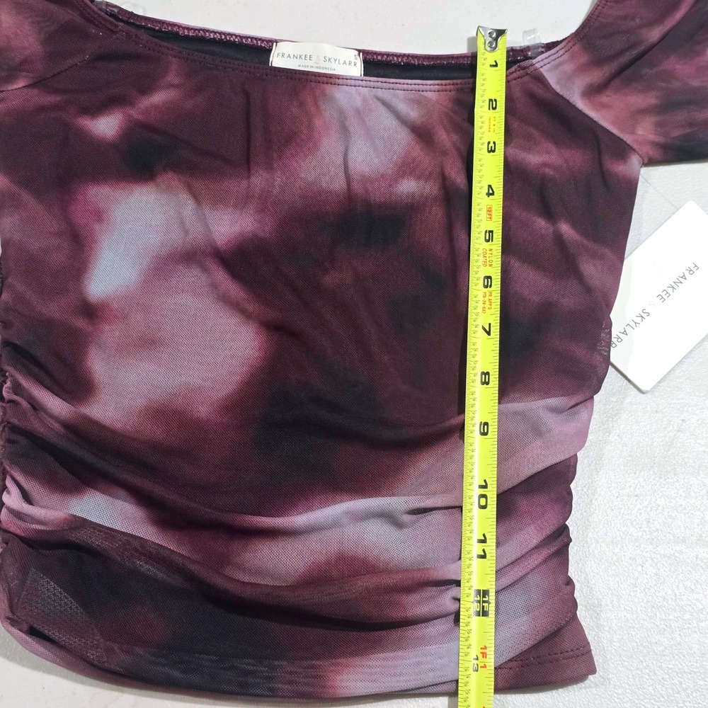 Womens Small Mesh Sheer Ruched Tie Dye Top Purple Black Whimsigoth Grunge Y2k - Picture 9 of 10